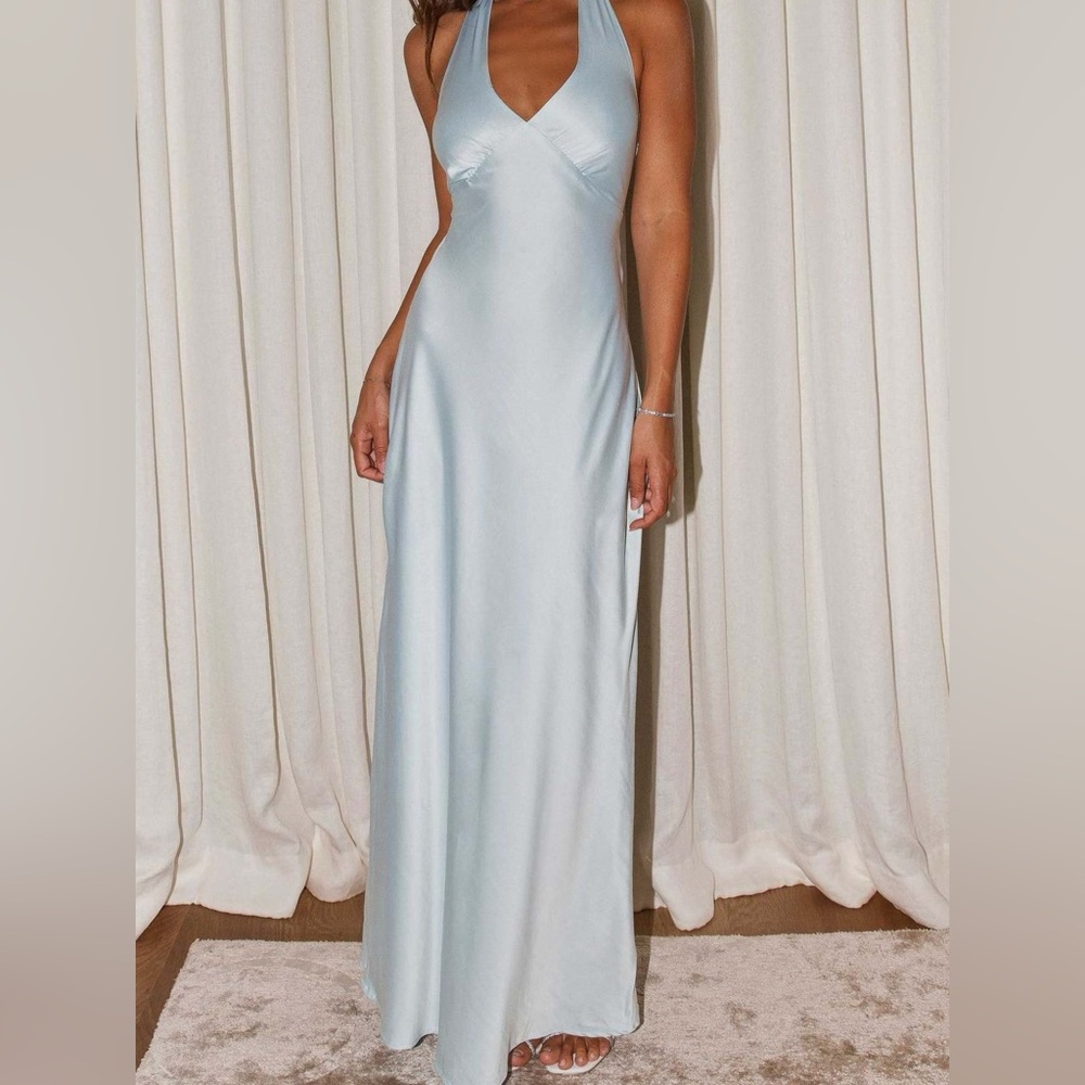 NWT Elegant Ice Blue Halter Backless Maxi Dress with Tie Detail Size S-L